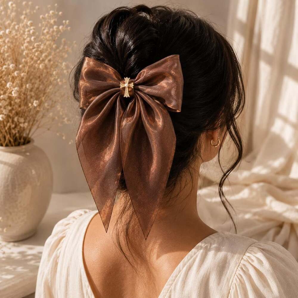 Romantic Coquette Chocolate Brown Satin Long Tail Cross Hair Bow